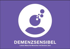 das Piktogramm der Demenzsensibel-Kampagne zeigt einen Kopf mit Gedankenblasen und darunter den Schriftzug Lokale Allianz für Menschen mit Demenz