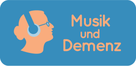 Logo des Projektes "Musik und Demenz". Der Schriftzug mit einer Grafik, die eine Person mit Kopfhörern zeigt.